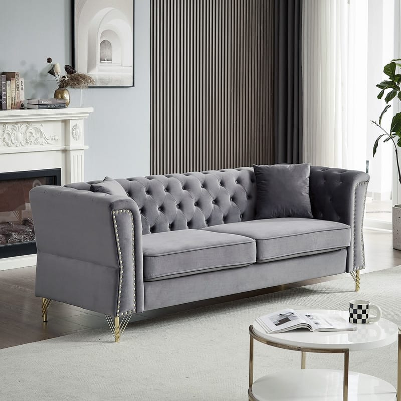Modern Living Room Chesterfield Sofa,Tufted Couch with Metal Foot and Nailhead,Two Pillows