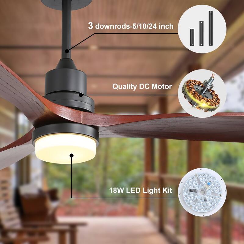 Sofucor 52" Indoor Wood Ceiling Fan Light with Remote, Integrated Light Optional