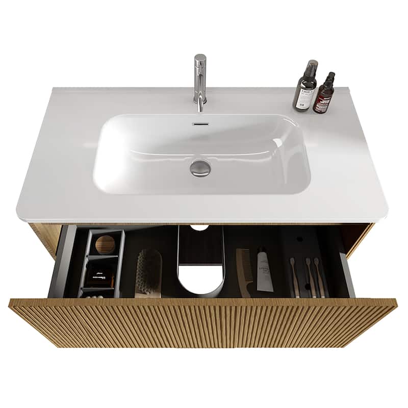 36"Striped Bathroom Vanity with White Ceramic Sink, Wall Mounted Floating Bathroom Vanity, One-Piece White Basin without Drain