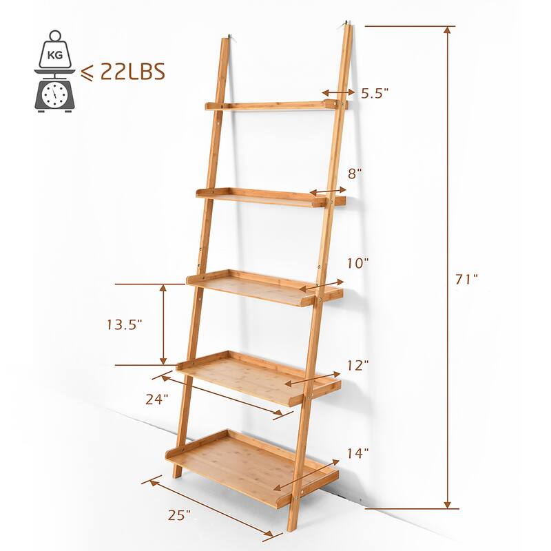 Costway 5-Tier Ladder Shelf Bamboo Bookshelf Wall-Leaning Storage - See Details