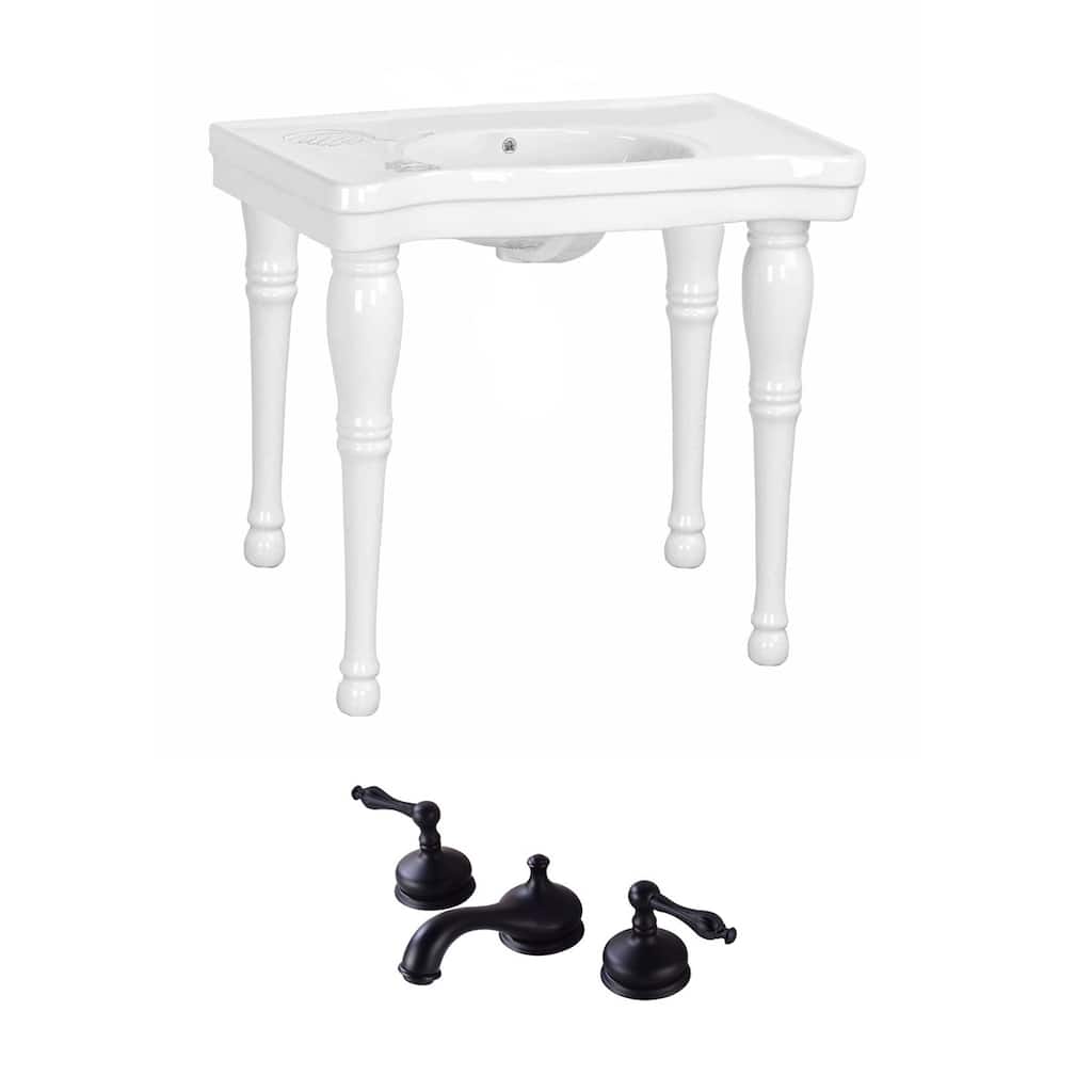 White Belle Console Bathroom Sink 35.5 W with 4 Pedestal Legs, Backsplash, Overflow, Black Faucet 8 and Drain