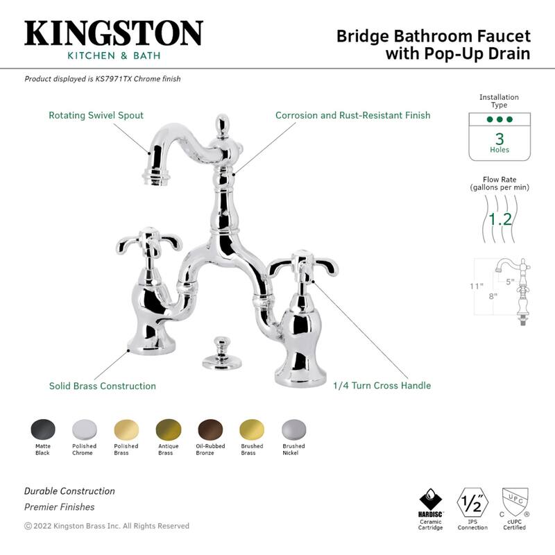 French Country Bridge Bathroom Faucet with Brass Pop-Up