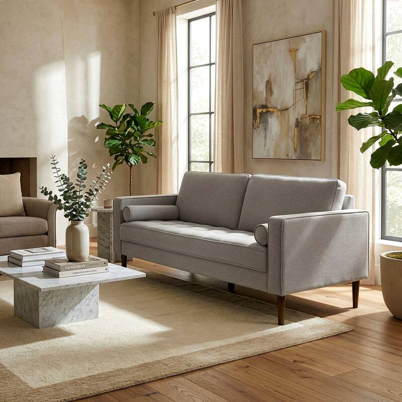 Bisera Beige Twill Tufted Fabric Sofa with Walnut Wood Legs