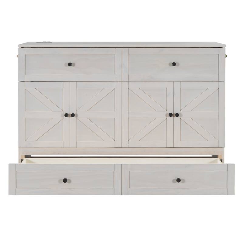 Space-Saving Queen Murphy Bed with Storage Drawers, USB Ports & Outlets, Brushed White/Gray Finish