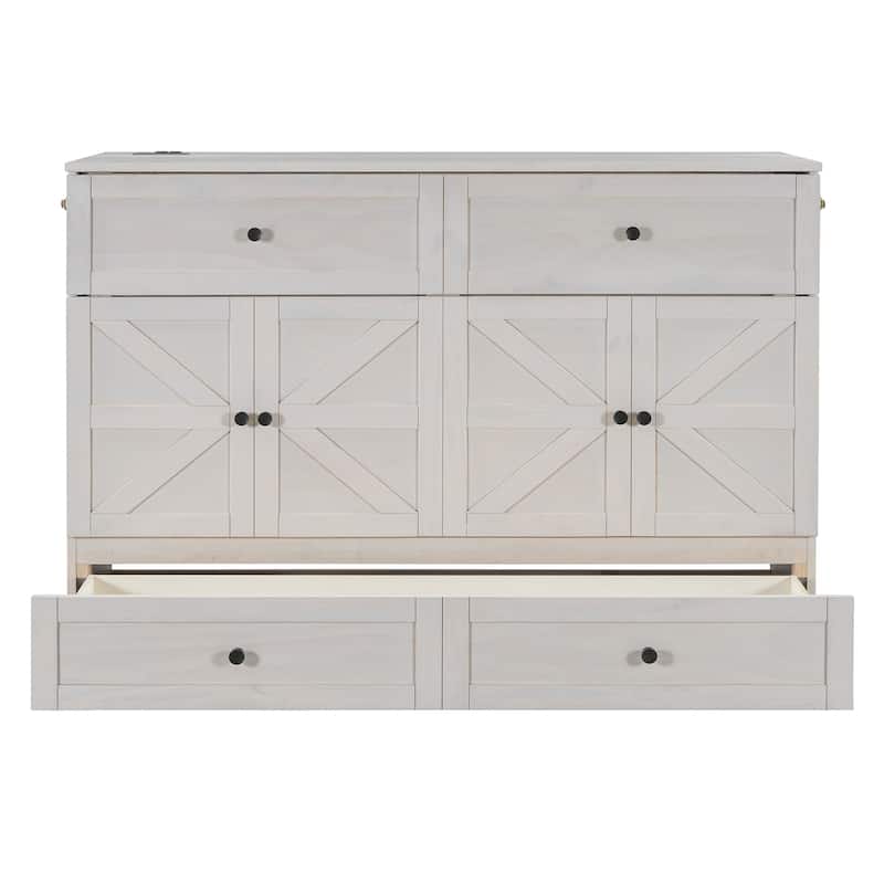 White Queen Size Modern Murphy Bed with Storage Drawers and USB