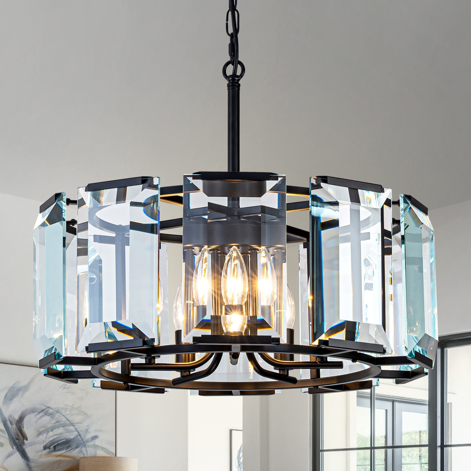 Zjvaive 5-Light Black Frame Glass Crystal Drum Chandelier Modern Luxury Pendant Light for Living Room