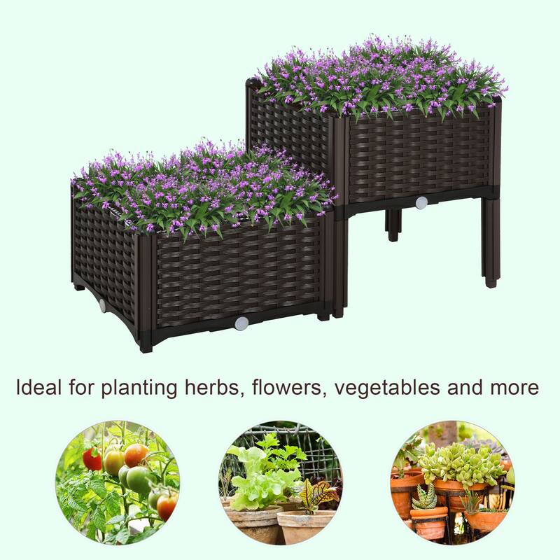 Outsunny 2-Piece Rattan Raised Garden Beds Outdoor Planter Boxes with Different Stacking Arrangements, Self-Watering Design