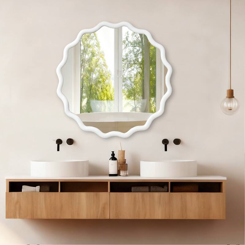 GDFStudio - Linea Luxury Modern Wavy Round Wall Decorative Mirror with Solid Wood Frame & Organic Flow Design