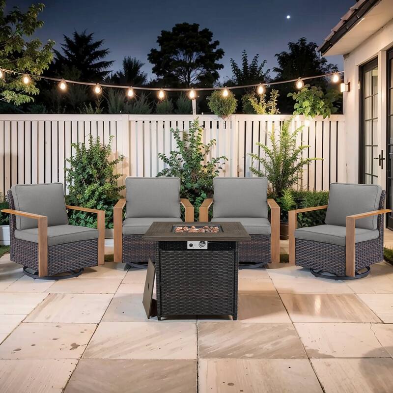Pocassy Outdoor 30" Fire Pit Table with Sofa Swivel Chair Set - Brown Wicker Gray Cushion - 5-Piece Swivel Chair with Suqare Fire Table