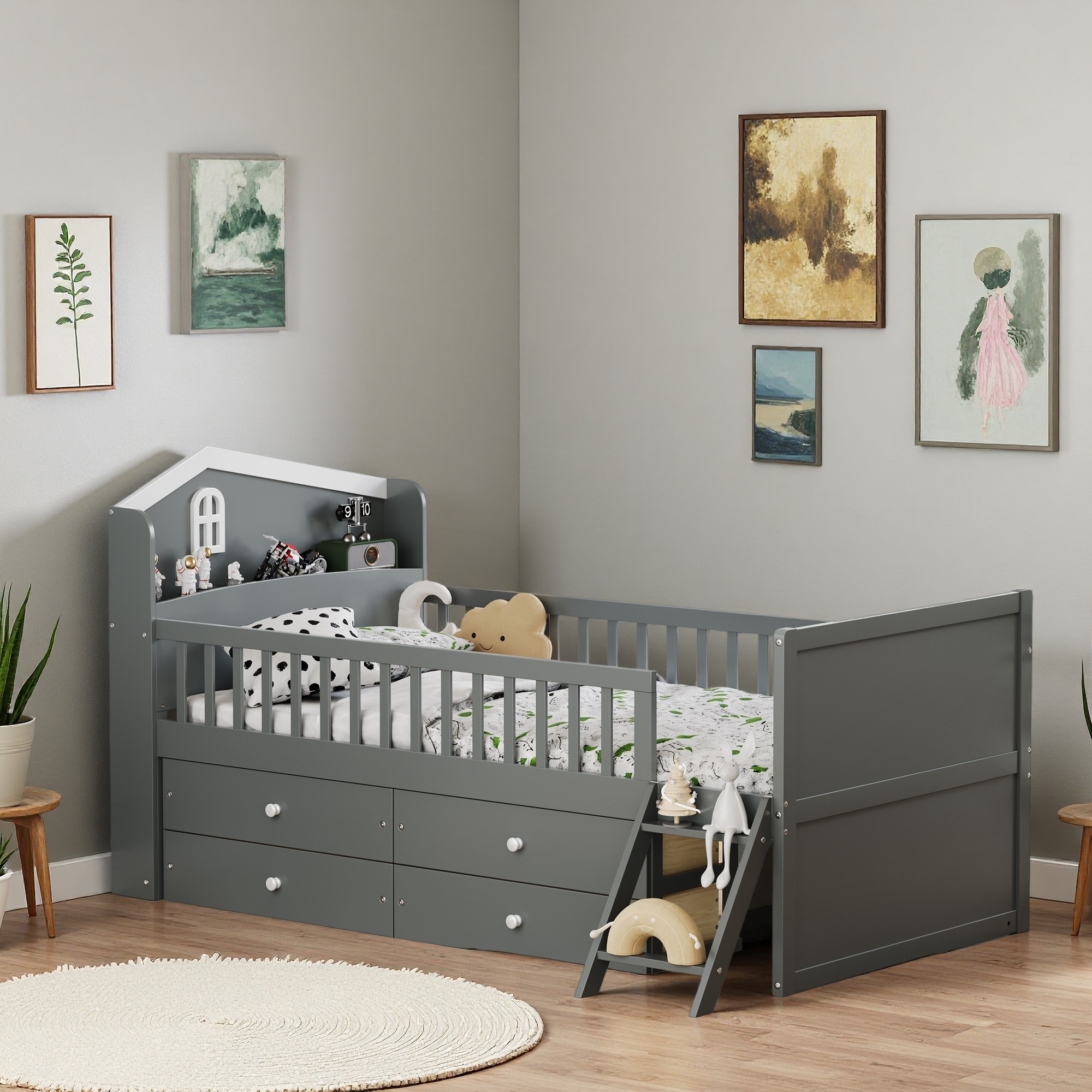Twin Size Wooden Platform Bed with 4 Drawers, Guardrail, and Ladder