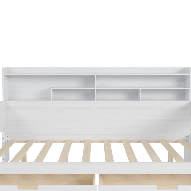 Wood Twin/Full Size Daybed with Storage Shelves, Two Storage Drawers and Study Desk