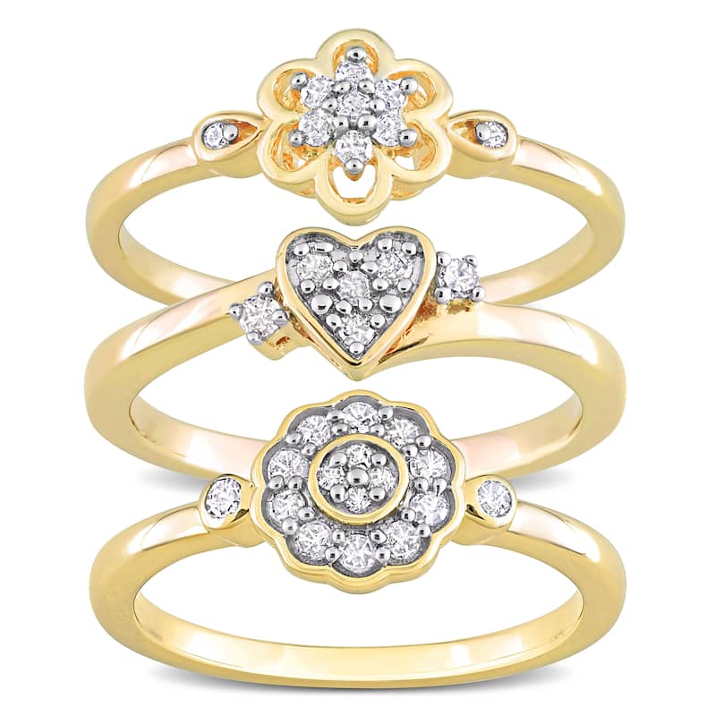 Miadora 3/8ct TW Diamond Heart Flower Rings 3-Piece Set Yellow Silver