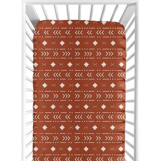 Rust White Boho Tribal Mudcloth Boy or Girl Fitted Crib Sheet - Orange Woodland Bohemian Southwest Geometric Arrow Neutral Aztec