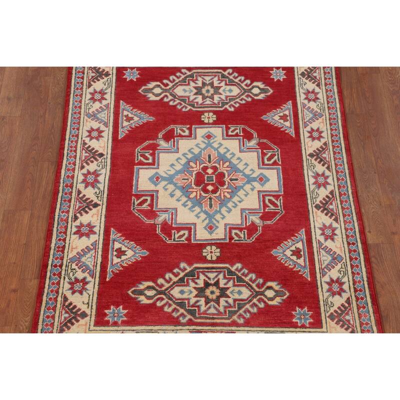 Geometric Red Kazak Accent Rug Hand-Knotted Wool Carpet - 3'4" x 4'9"