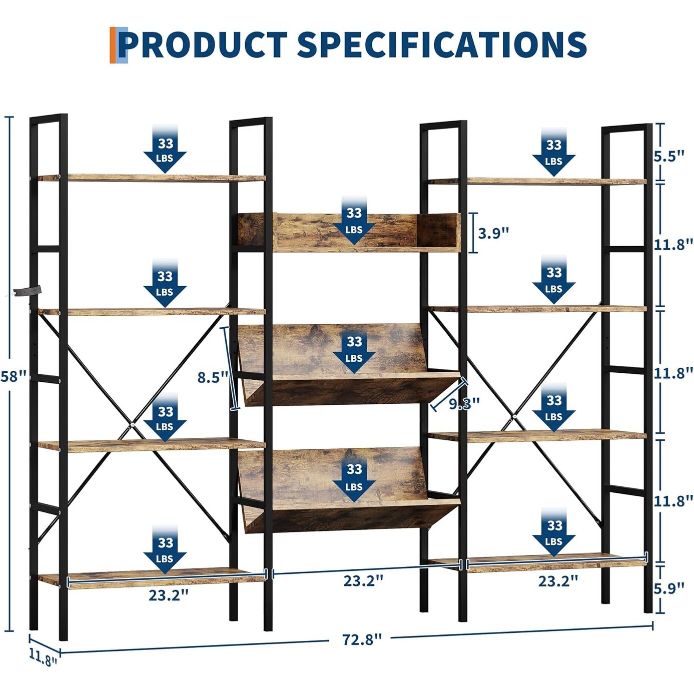 Industrial Triple Wide 4-Tier Bookcase with 11 Open Shelves, Metal