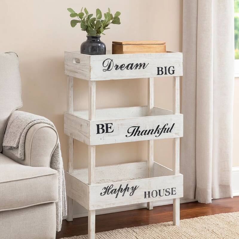 Wooden Storage Shelf with 3 Open Cases and Cut Out Handle, Antique White