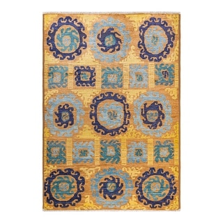 Overton One-of-a-Kind Hand-Knotted Contemporary Ikat Modern Yellow Area Rug - 5' 10" x 8' 7"