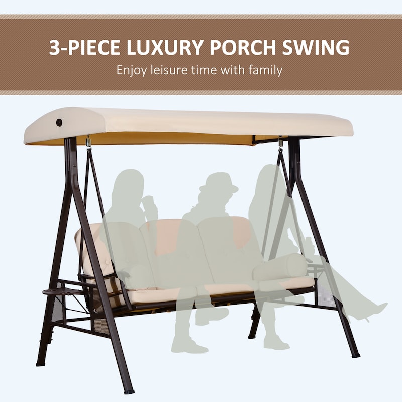 Outsunny Outdoor Patio 3-Person Canopy Cushioned Seat Bench Swing with Included Side Trays & Padded Comfort