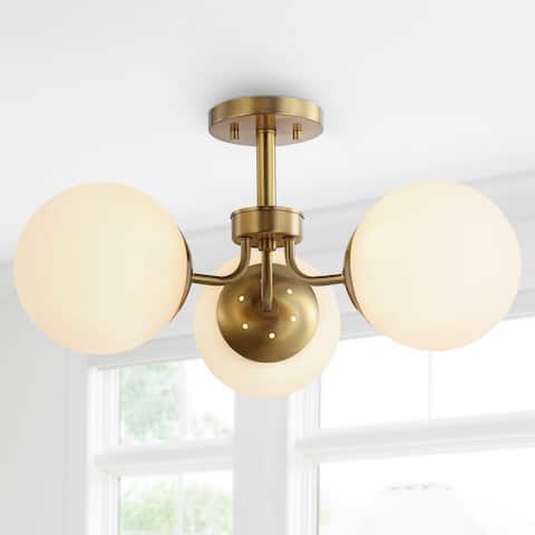 Ojai 23.5" 3-Light Bohemian Farmhouse Iron/Frosted Glass LED Semi Flush Mount, Brass Gold/White by JONATHAN Y