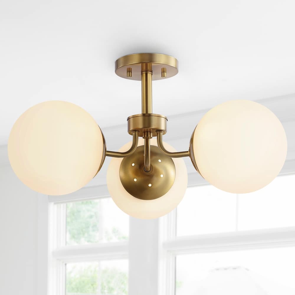 Ojai 23.5" 3-Light Bohemian Farmhouse Iron/Frosted Glass LED Semi Flush Mount, Brass Gold/White by JONATHAN Y