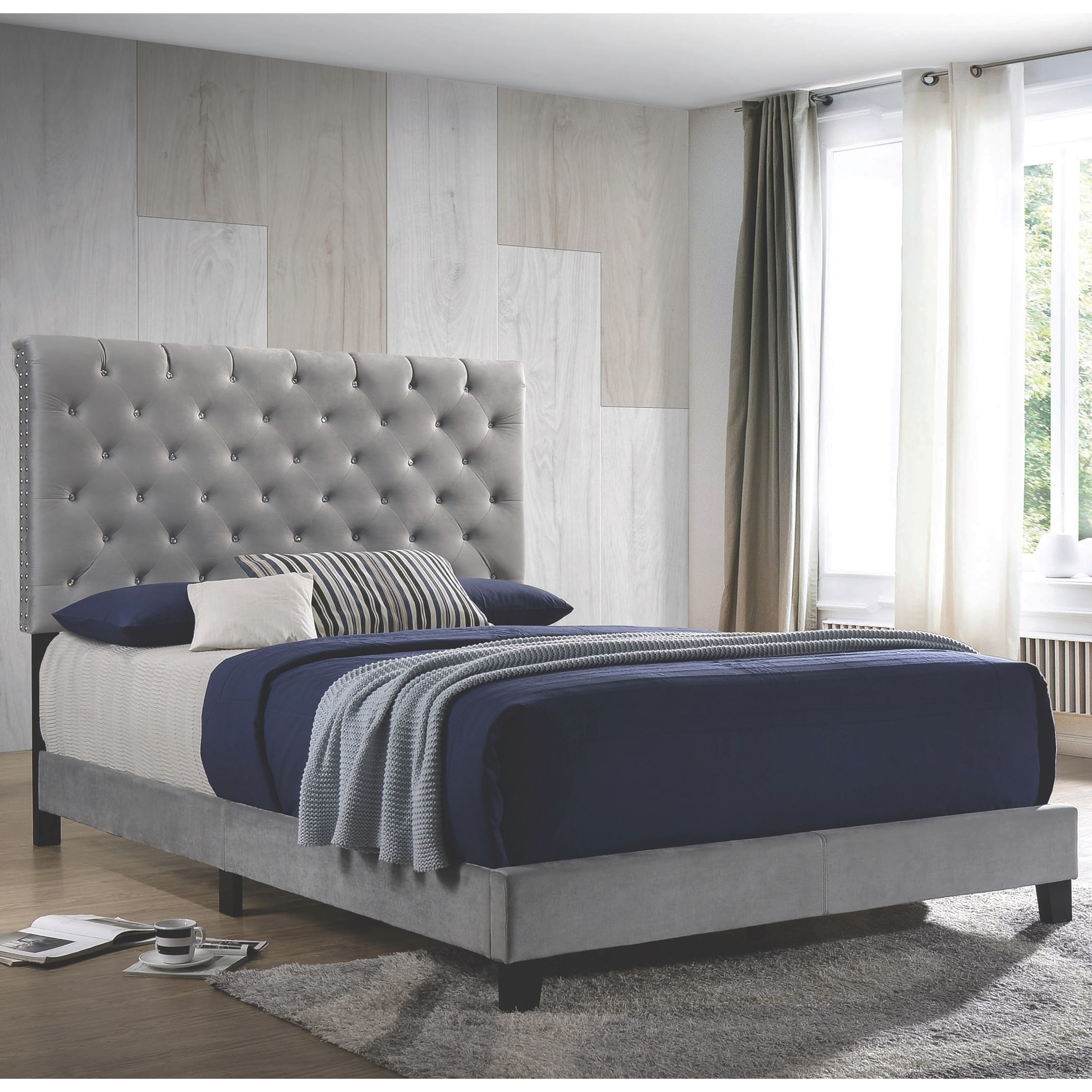 Modern Button Tufted Design Grey Velvet Upholstered Bed Bed Bath