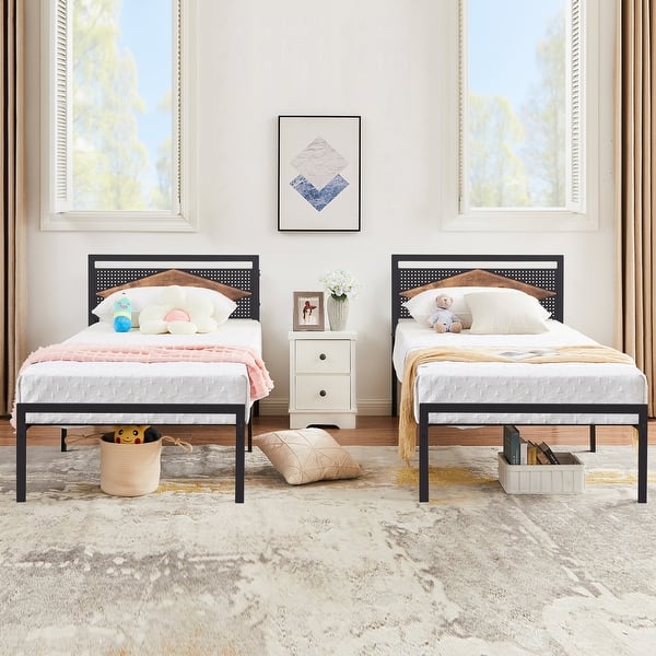 slide 2 of 8, VECELO Metal and wood Platform Kids Bed Frame,Twin Size Bed Set of 2 Black