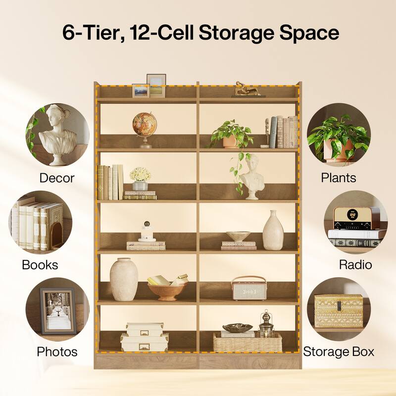 70.87'' Tall Bookshelf, 6-Tier Farmhouse Double Wide Bookshelves