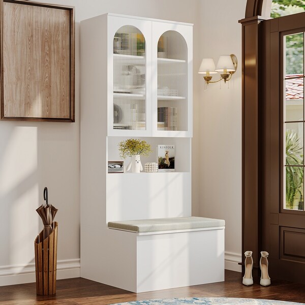 Closet Entryway Storage Bench with Cabinet, White Hall Tree