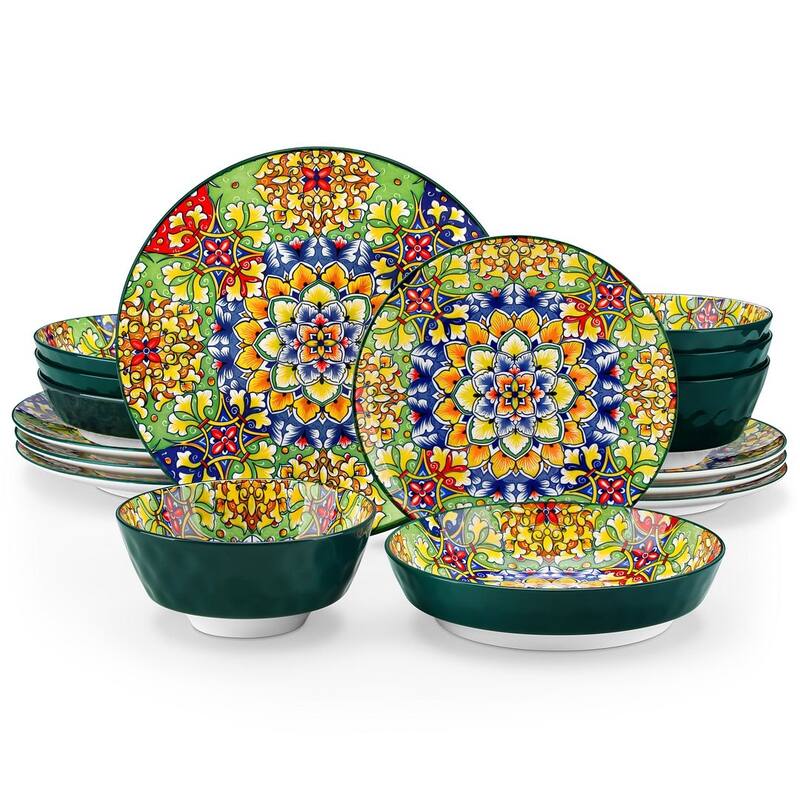 vancasso SIMI 16-piece Bohemian Porcelain Pattern Dinnerware Set - Dark Green - 16 Piece