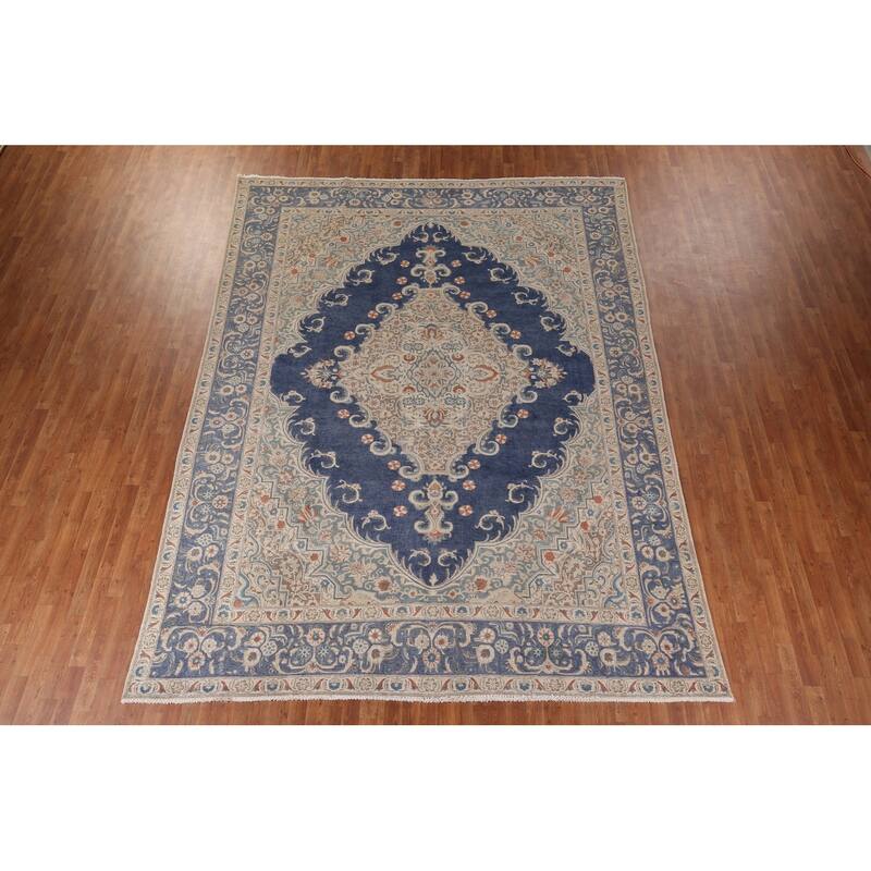 Blue Tabriz Persian Vintage Area Rug Handmade Wool Carpet - 9'9" x 12'9"