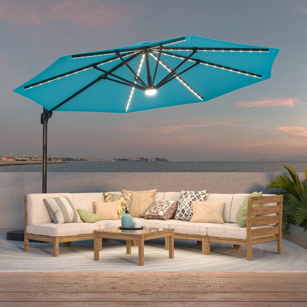 BONOSUKI 11ft LED Aluminum Patio Cantilever Offset Umbrella with Base