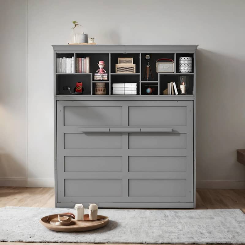 Queen Size Wood Murphy Bed with Top Shelves and USB Port - Gray