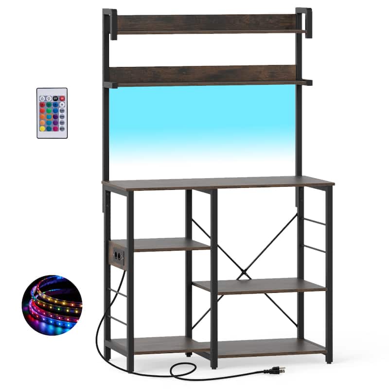 Kitchen Baker’s Rack with Charging Station, LED Light, Coffee Bar Station with Shelves - 35.5" x 16" x 58" - Rustic Brown