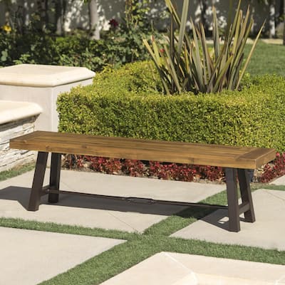 Outdoor Acacia Wood Bench with Metal Accents