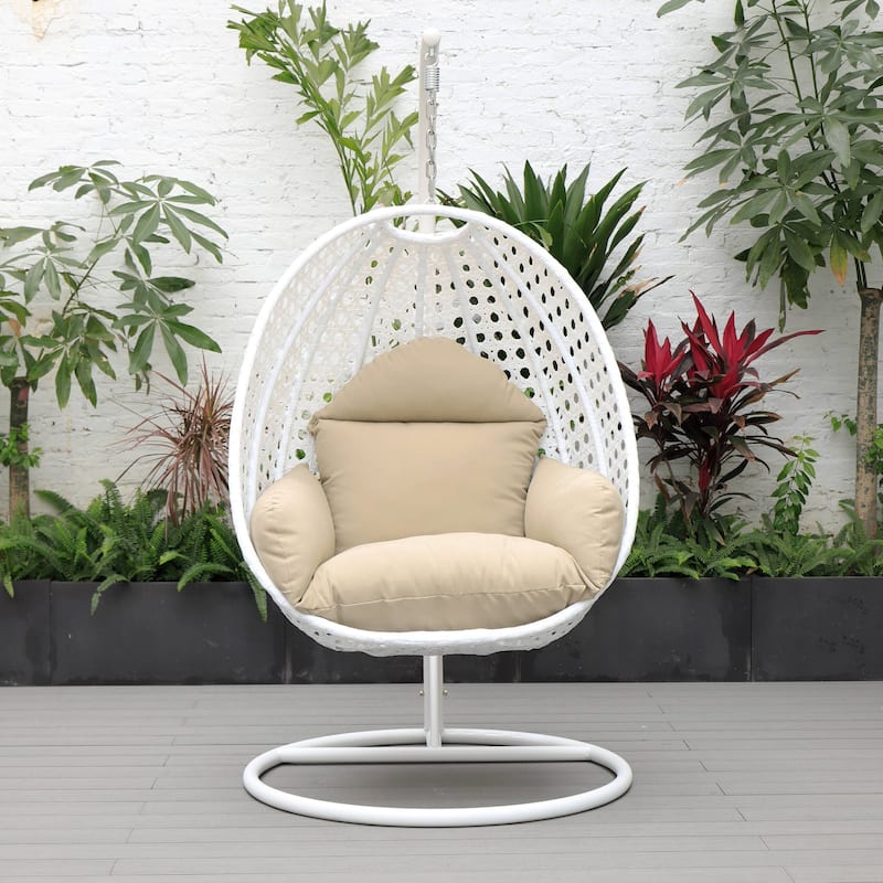 Patio Hanging Egg Swing Chair with White Wicker Shell and Iron Frame for Indoor Outdoor Patio Porch Garden Backyard