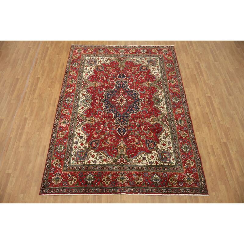 Hand Knotted Oriental 100% Wool Carpet Traditional Floral Red Tabriz Area Rug - 11' 0'' X 7' 10''