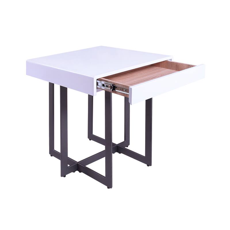DH BASIC Modern White High Gloss Steel Hidden Drawer End Table by Denhour