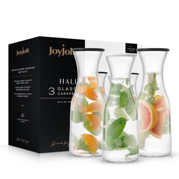 Hali Glass Carafe Bottle Pitcher with 6 Lids - 35 oz - Set of 3 - 3.5" x  3.5" x 10.87" - Bed Bath & Beyond - 35517355
