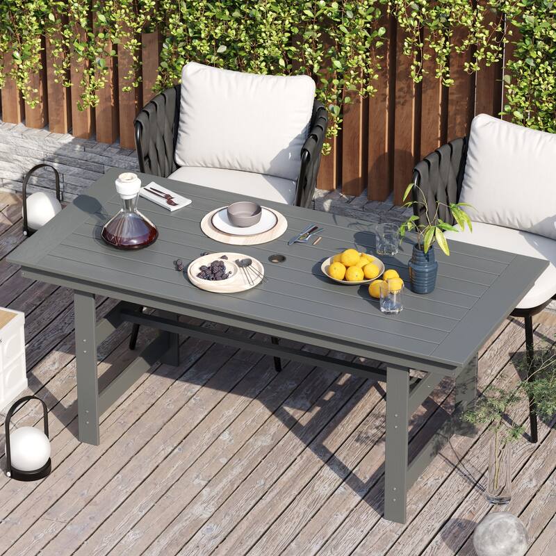 70.9" Outdoor Dining Table with Umbrella Hole, HDPE All Weather Patio Table Waterproof UV Resistant Rectangular Dining Table