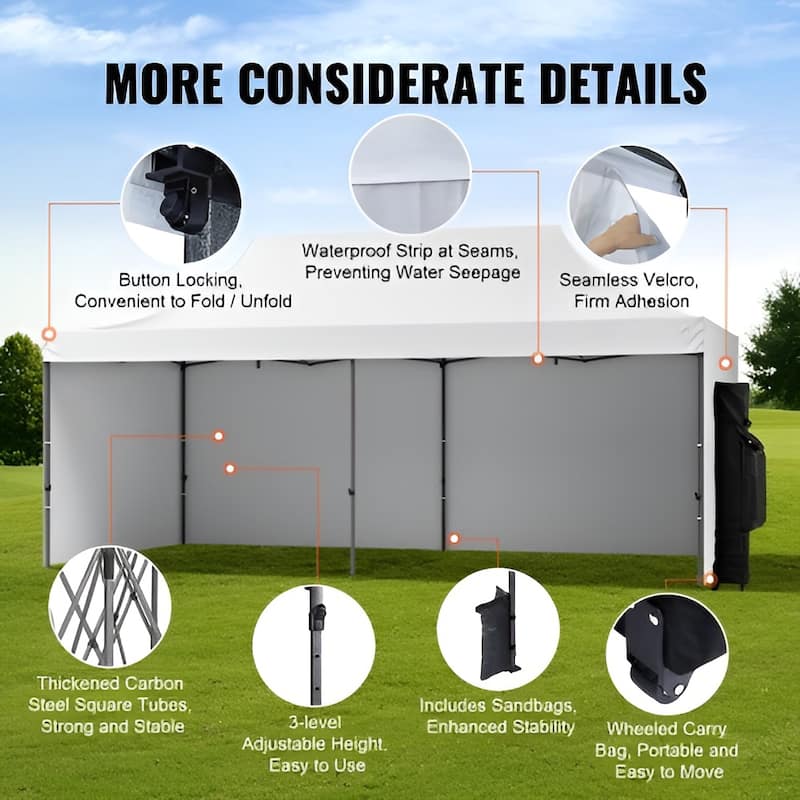 White 500D PU Canopy Tent with Sidewalls, Adjustable Steel Frame - 240” L x 120” W x 126” H