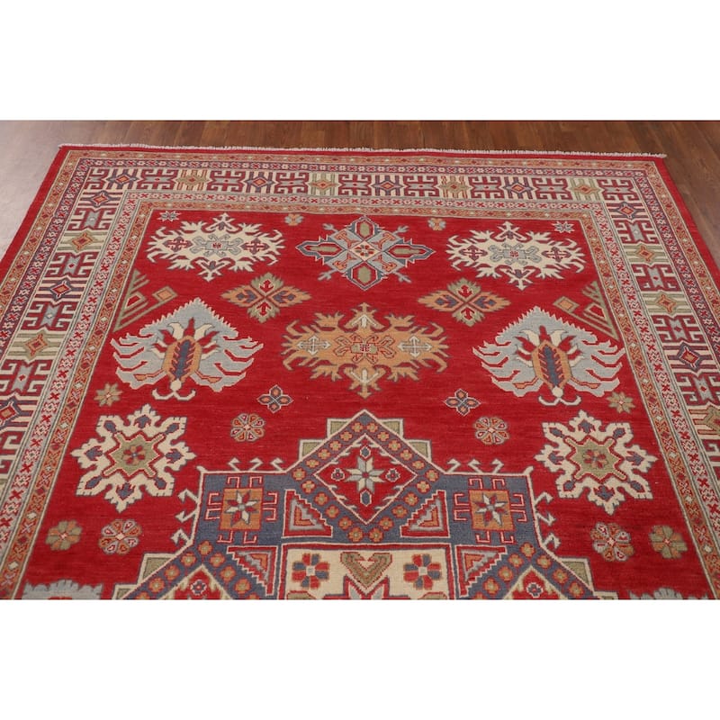 Oriental Red Geometric Kazak Area Rug Hand-Knotted Wool Carpet - 6'5" x 9'8"