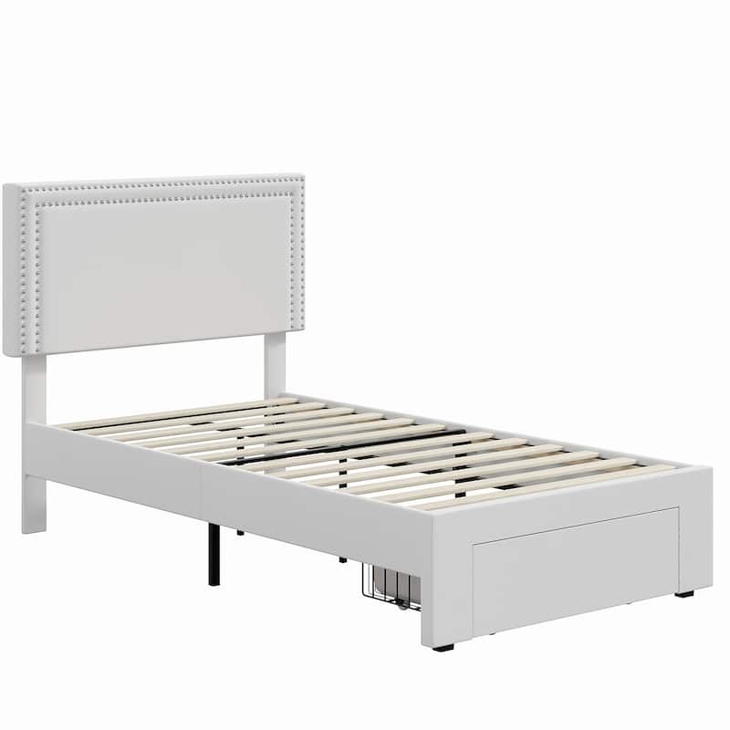 VECELO Set of 2 Twin Beds with Rolling Underbed Drawer Height Adjustable Headboard Rivet-Trimmed Headboard Twin Beds