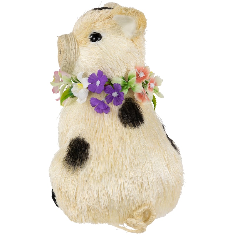 Spotted Sitting Piglet Rustic Spring Figurine 9" Off White and Black