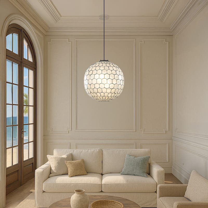 3-Light 18'' Matte Black Cosatal Natural CAPIZ SHELL Globe Lantern Chandelier Glam Hanging Light For Living Room Dining Room