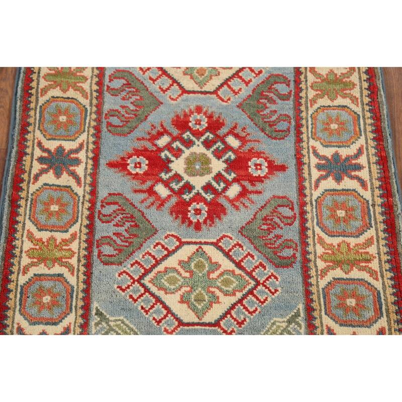 Light Blue Geometric Kazak Oriental Accent Rug Handmade Wool Carpet - 2'1"x 2'10"