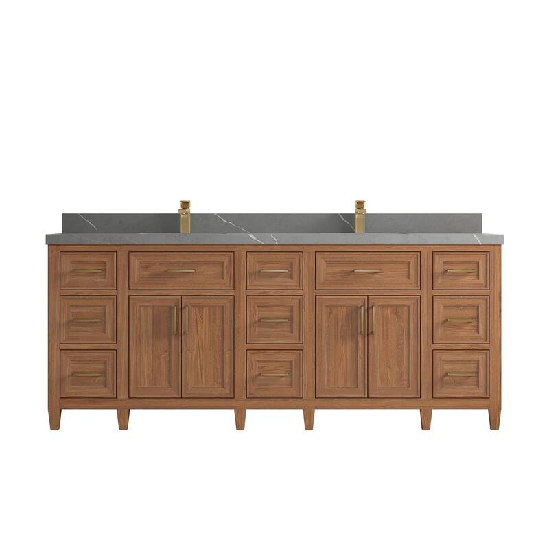 Willow Collections 84 in. W x 22 in. D Santa Monica Teak Double Sink Bathroom Vanity with Countertop - 2”Piatra Gray - Dark Natural