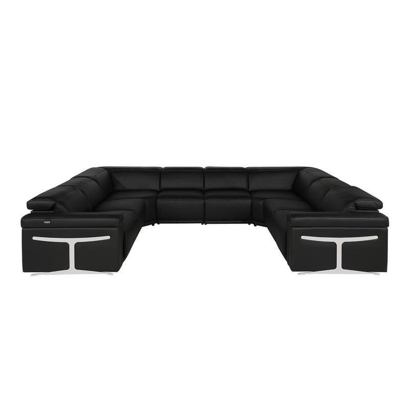 HomeRoots Black Italian Leather Power Reclining U Shaped Eight Piece Corner Sectional With Console