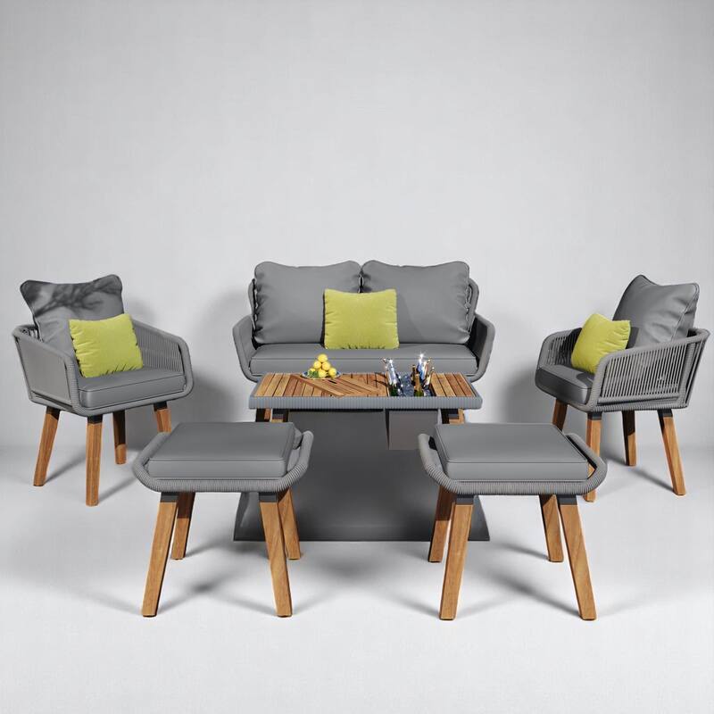 6-Piece Outdoor Wicker Sofa Set Acacia Wood Coffee Table with Ice Bucket, and Ottomans-Patio Furniture Set