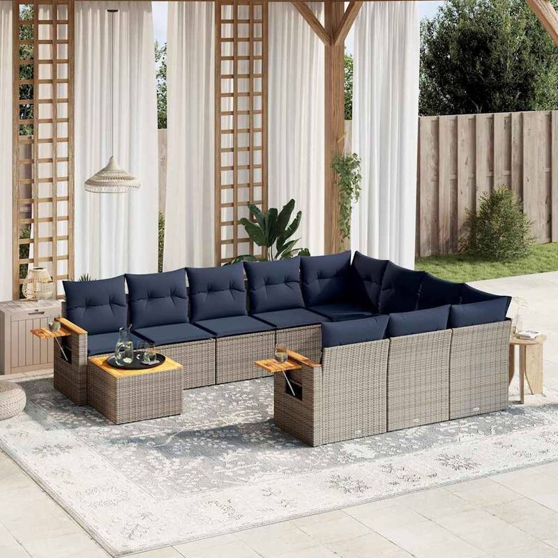 vidaXL 11 Piece Patio Sofa Set with Cushions Grey Poly Rattan - 113.8x33.5x92.1