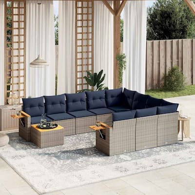vidaXL 11 Piece Patio Sofa Set with Cushions Grey Poly Rattan - 113.8x33.5x92.1